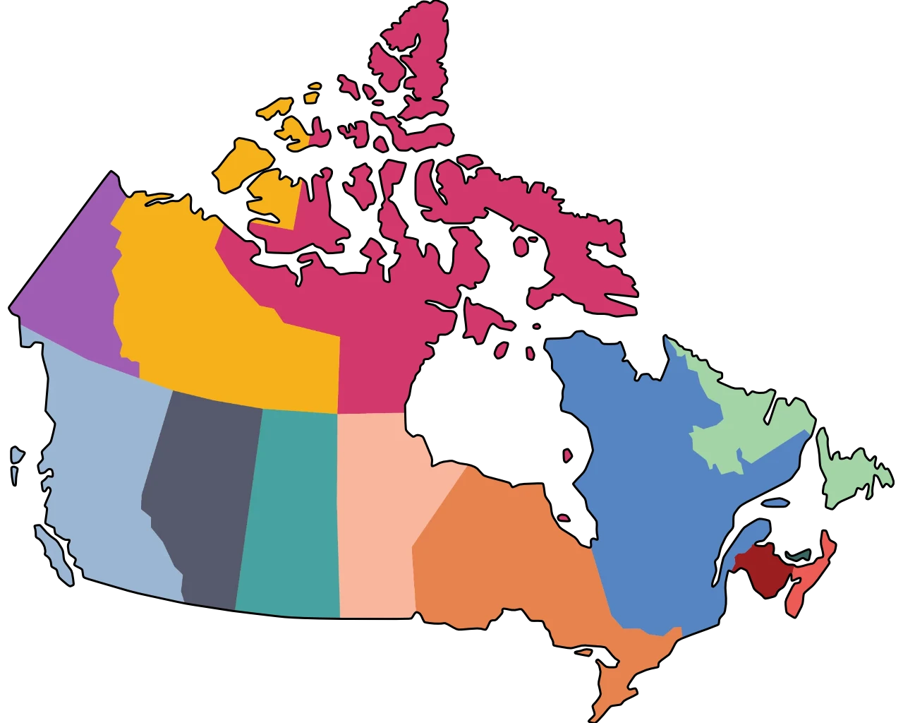 Map of Canada with every province and territory in a different colour