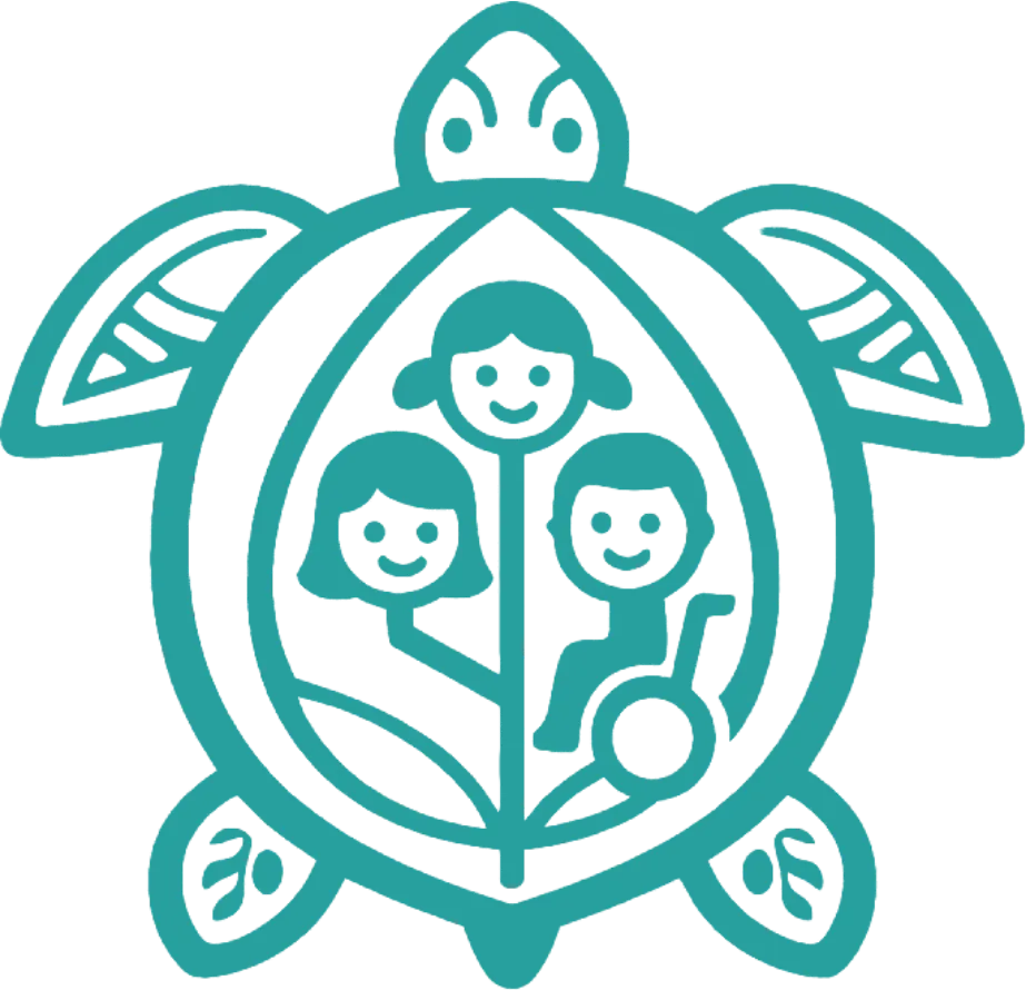 CyberKiddies turtle — children sheltered within a turtle shell, honouring Turtle Island